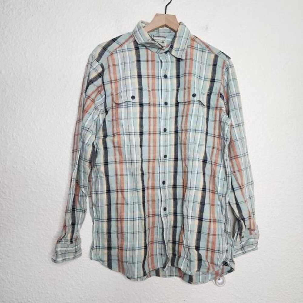 L.L. Bean Button Up Blue Plaid Cotton Linen Blend Shirt Men's Size Medium